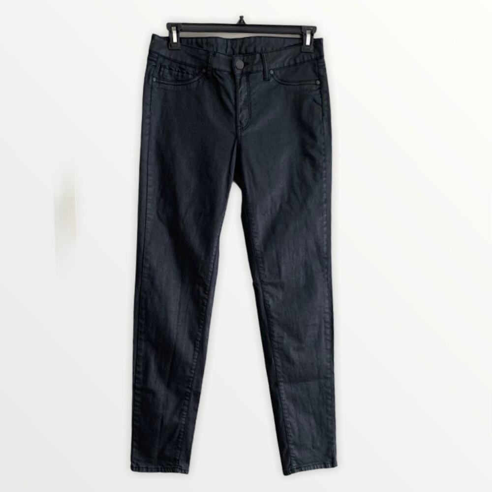 MNG by Mango Black Wax Jeans Size 12 Vegan Faux Leather Stretch
